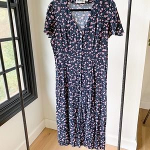 CAROLINE WELLS Women's Vintage Black/Pink Floral Lace Up Back Midi Dress sz 10